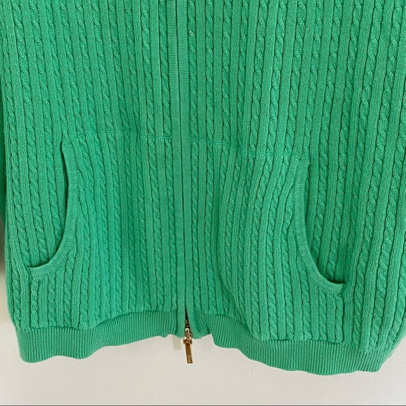 Ralph Lauren Cable Knit Zip Cardigan Sweater  Green Gold Trim Collar Vintage XL - Picture 6 of 10